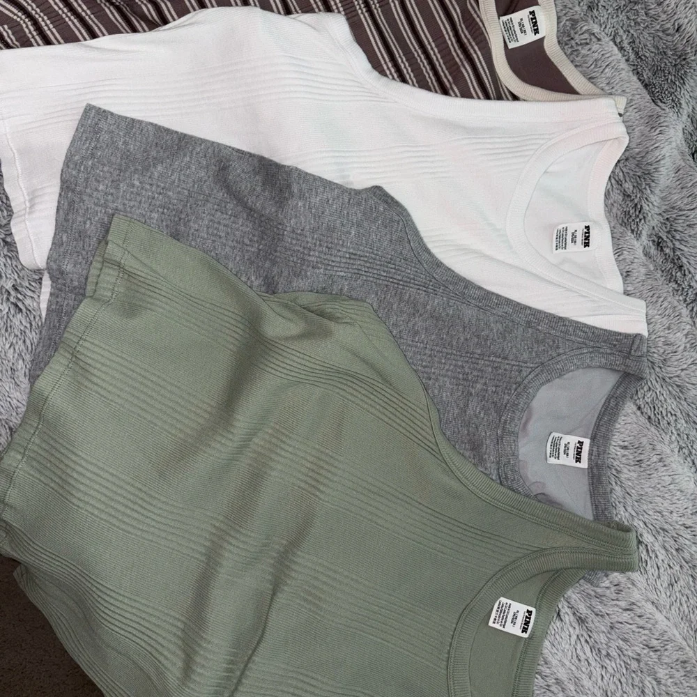 PINK Victoria's Secret Ribbed Tank Trio in White, Gray & Sage - Picture 2 of 3